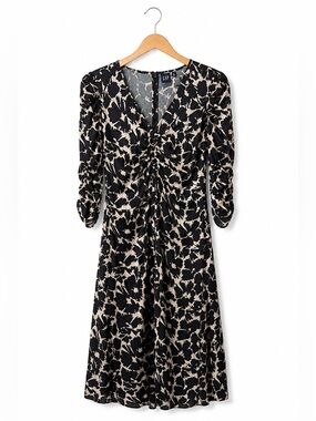 GAP Floral Midi Dress Black Cream Ruched V Neck Long Sleeve Wedding Guest S
